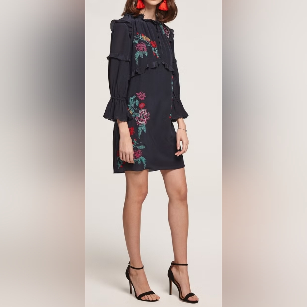 Beulah London Navy Blue Embroidered Silk Shift Dress, Size 6 (US 2)
